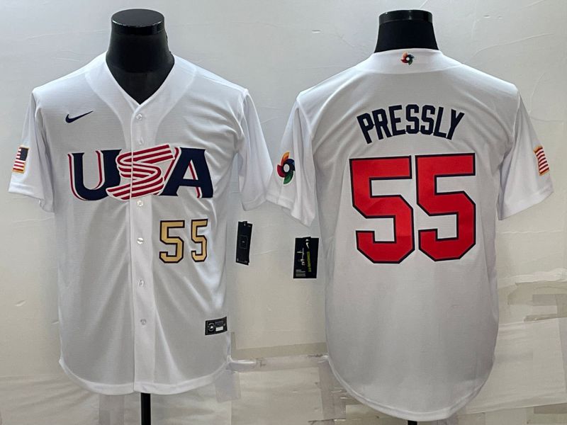 Men 2023 World Cub USA #55 Pressly White Nike MLB Jersey3